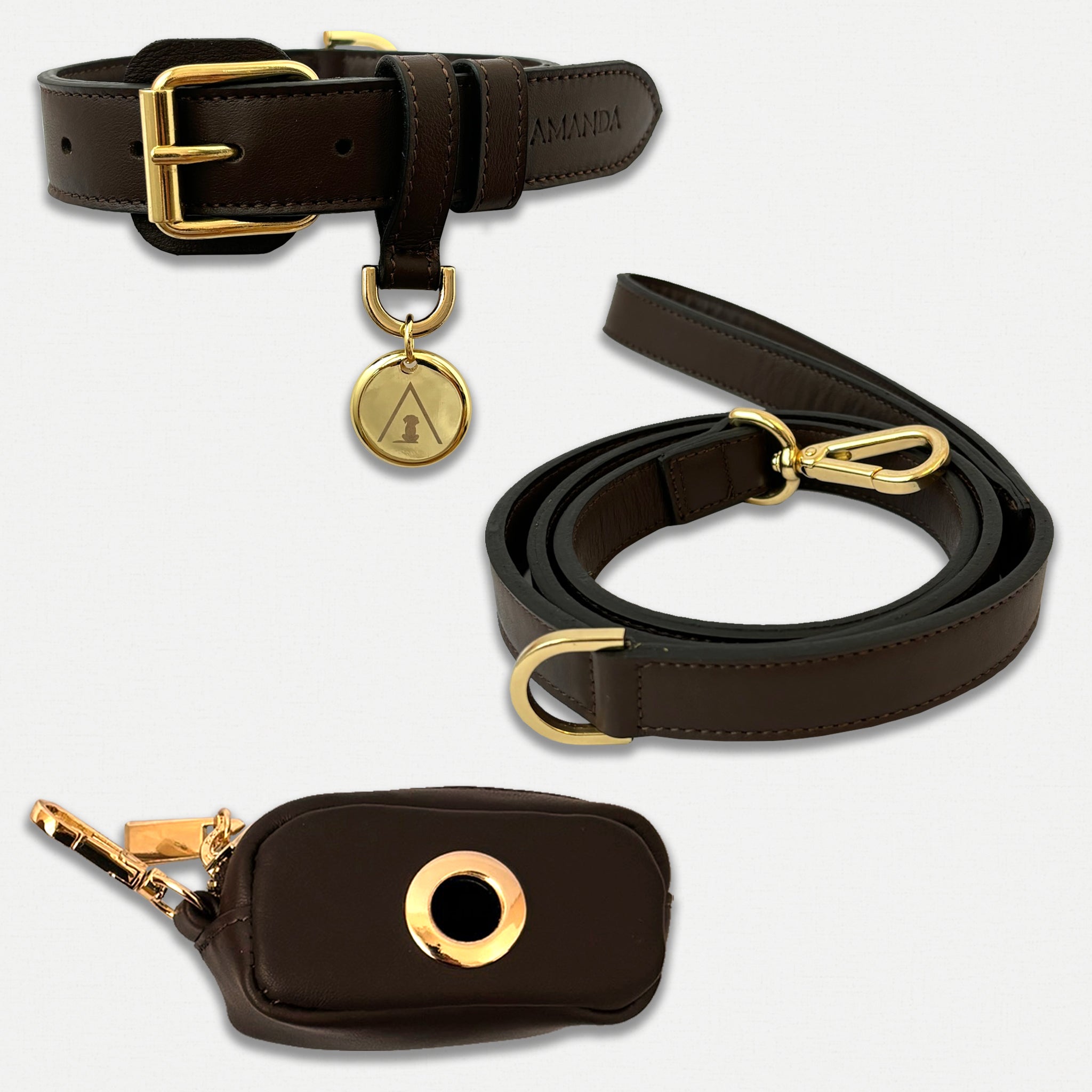 Set Collare, Guizaglio e Poop Bag Marrone