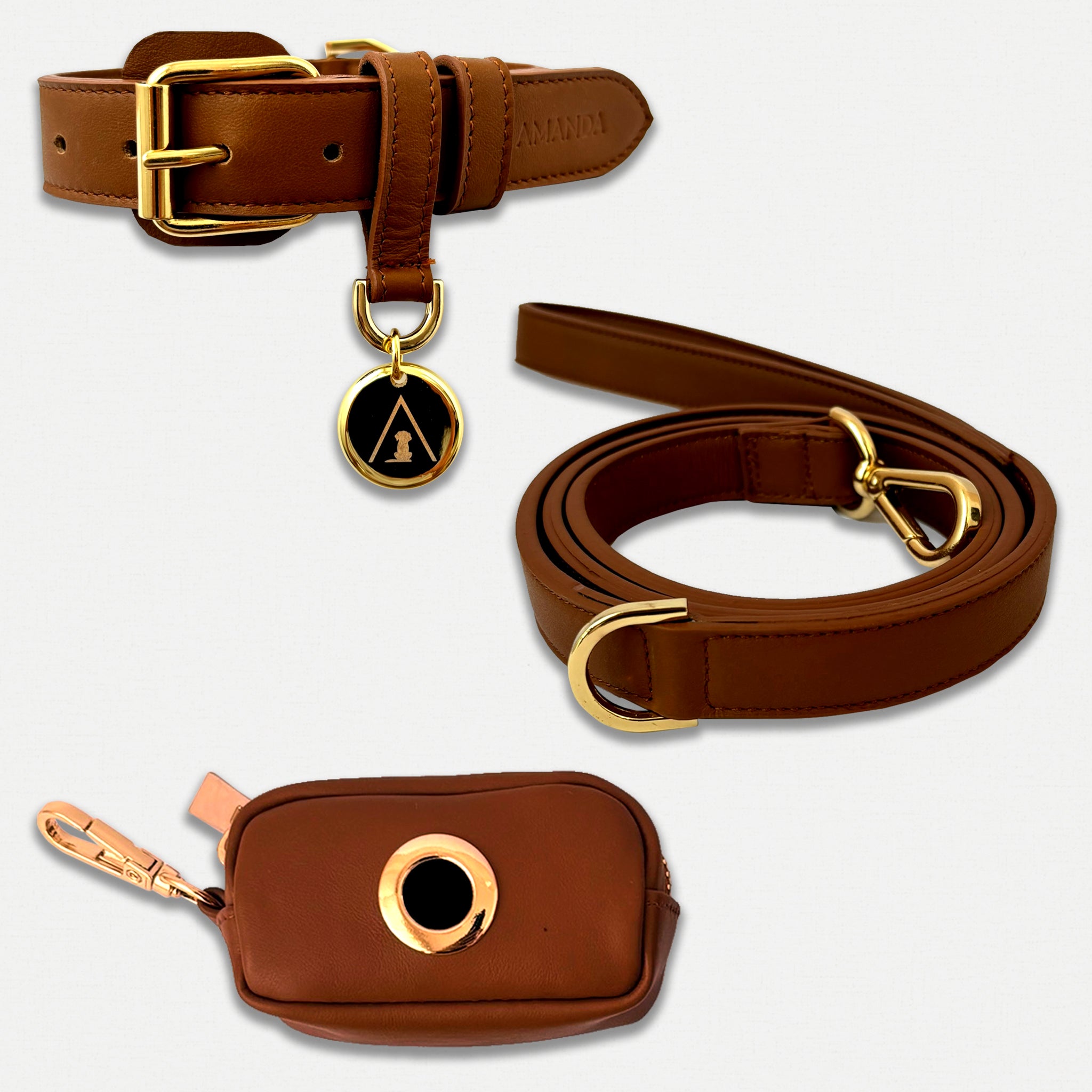 Set Collare, Guizaglio e Poop Bag Marrone chiaro